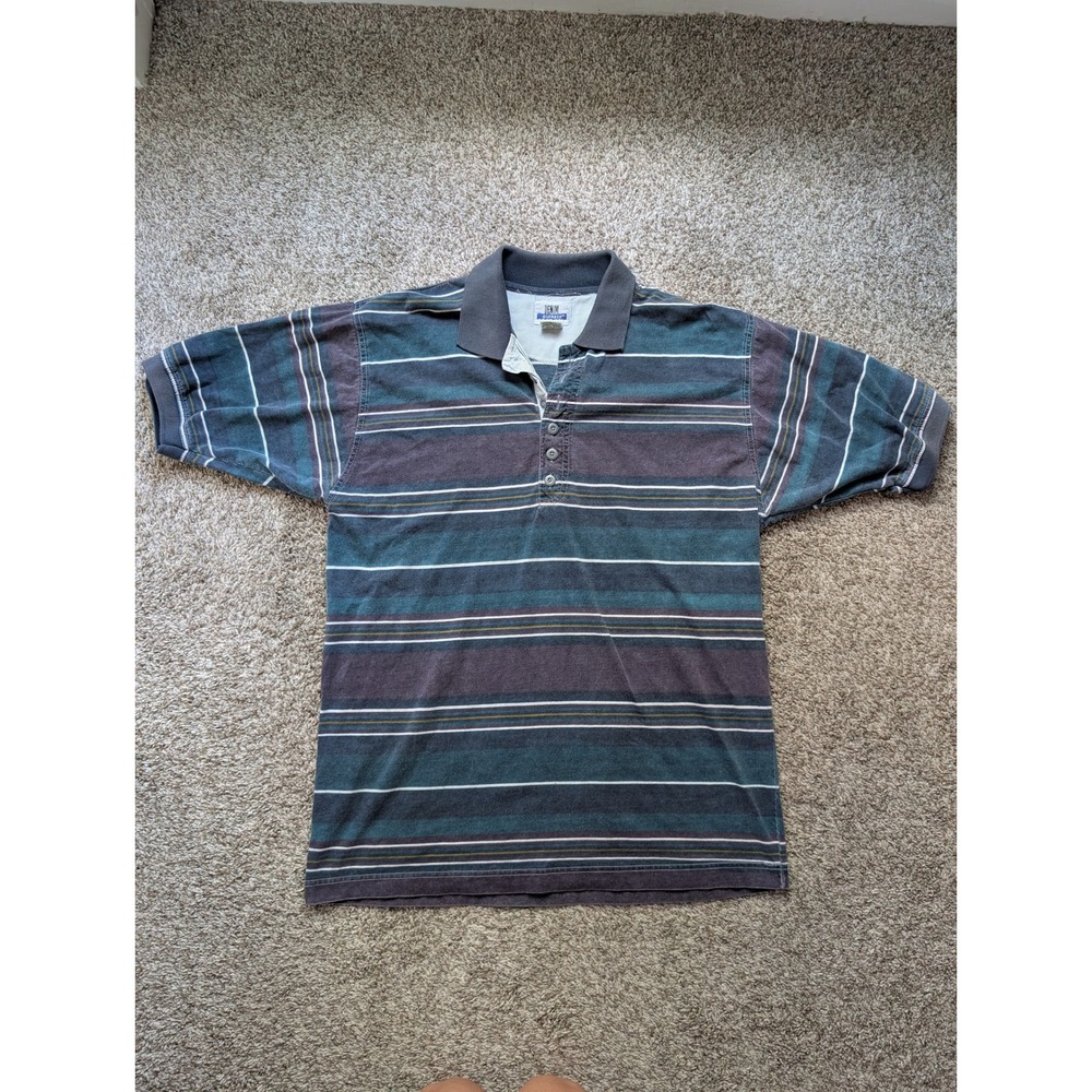 Denim Express Polo Shirt Mens M Multi Color Vtg 90s Striped Cotton Preppy Grunge